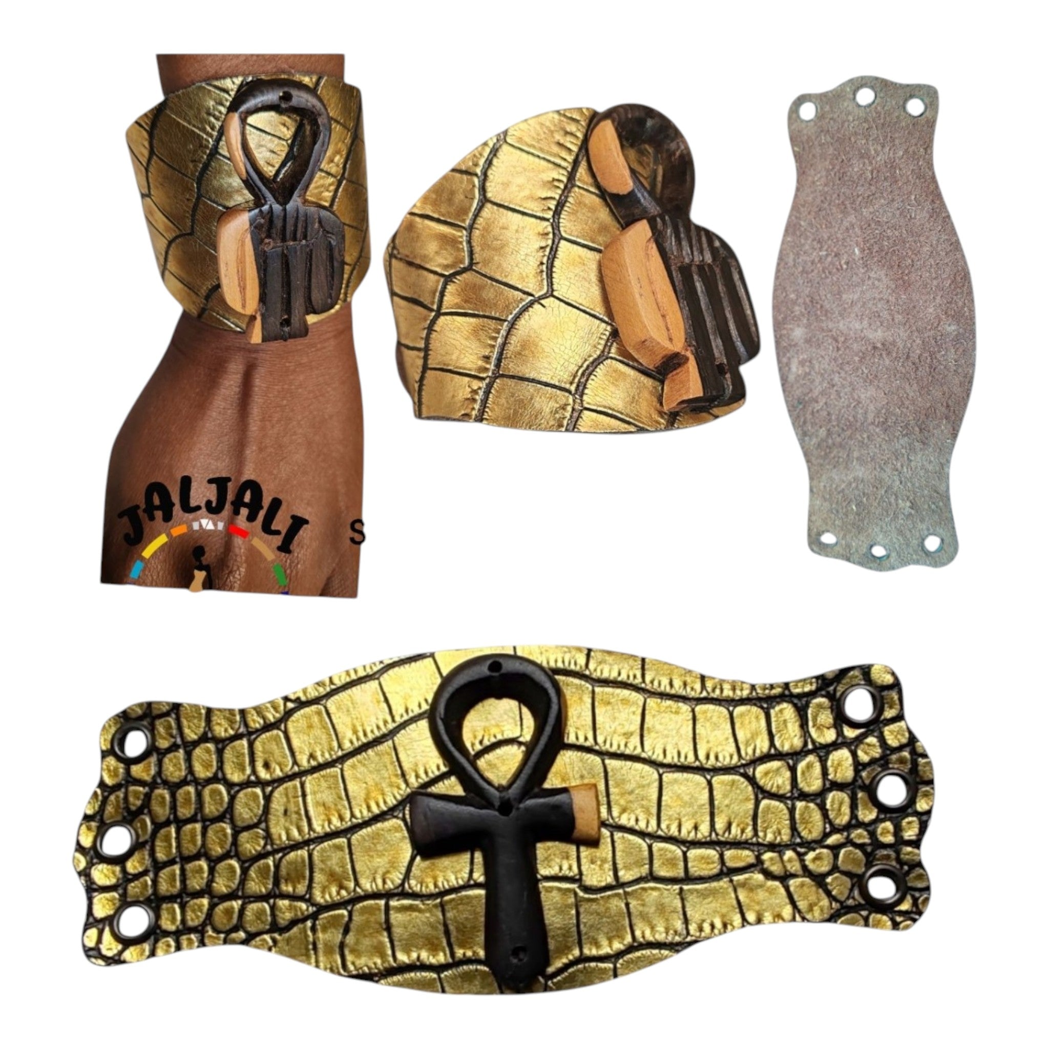 Manchette Ankh Cuir ébène noire pailleté