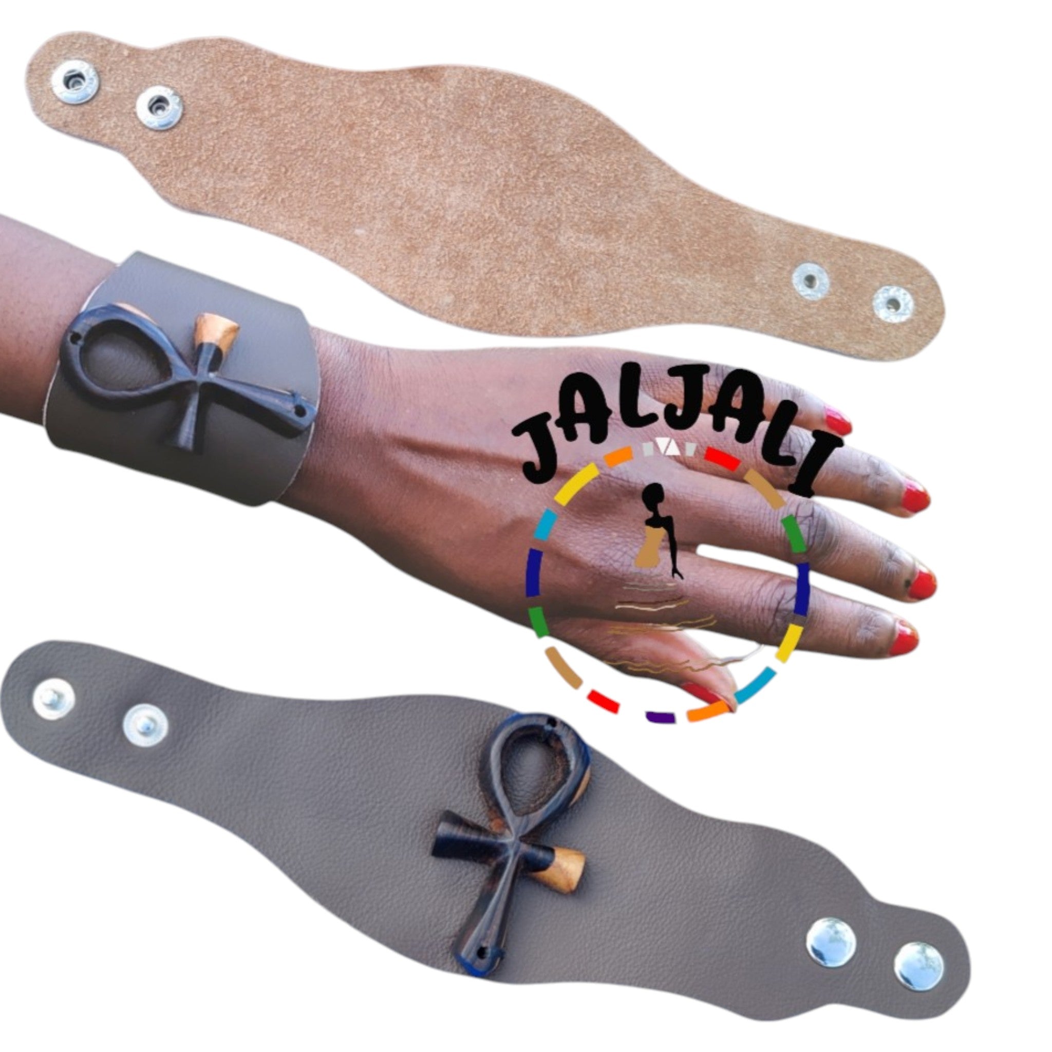 Manchette Ankh Cuir ébène noire pailleté