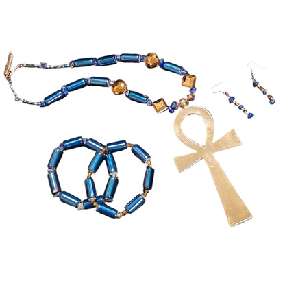 Collier Ankh Perles et bracelets Et ses boucles d'orel Perles dorées