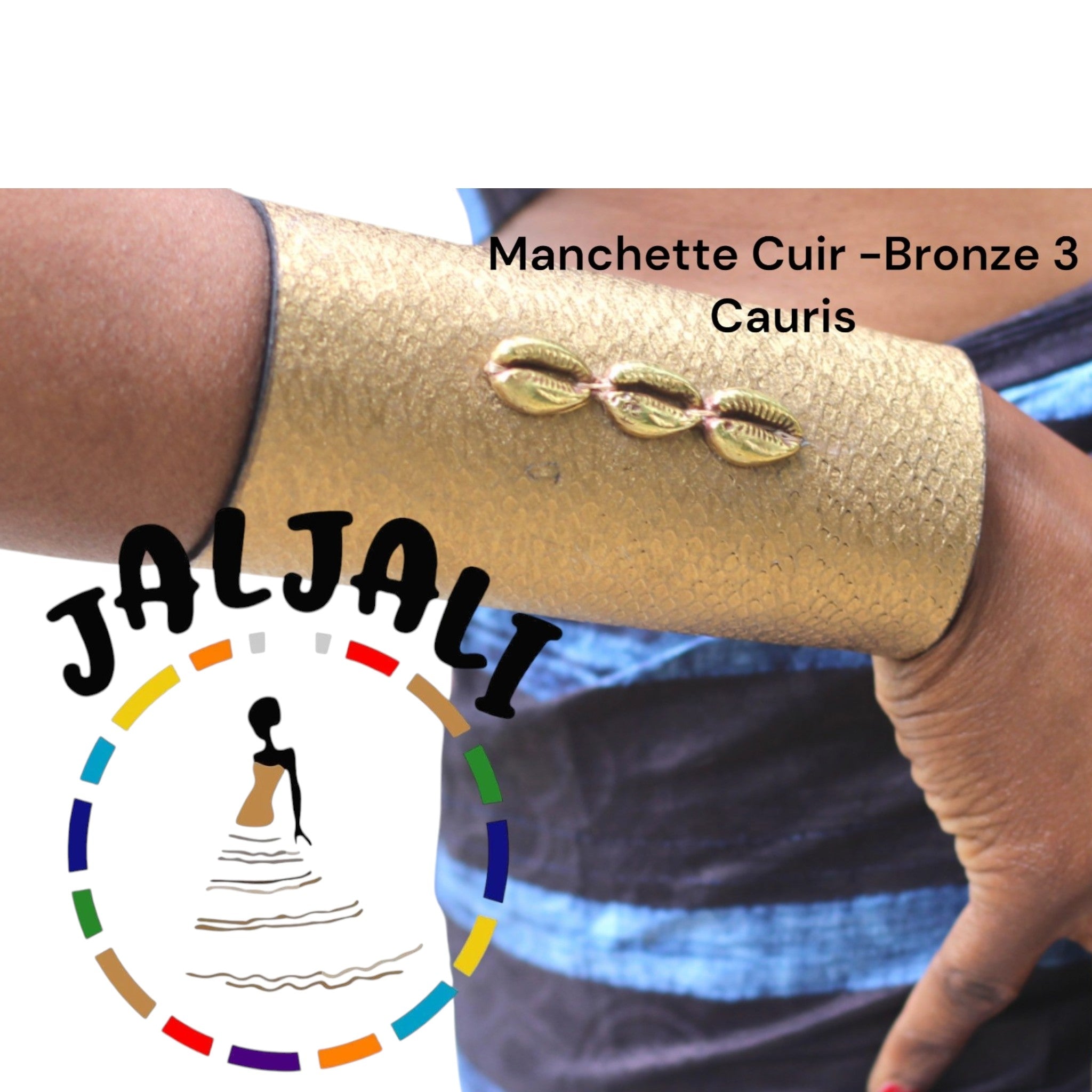 Manchette cuir-ébène et cauris bronze