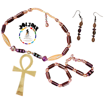 Collier Ankh Perles et bracelets Et ses boucles d'orel Perles dorées